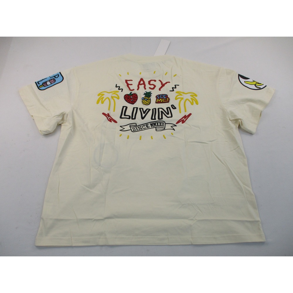 First Row T-Shirt Mens 2XL Beige Multi-Graphic Patch Varsity Streetwear Tee NEW - Picture 2 of 11